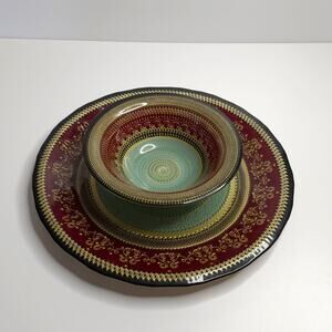 Turkish Delights Ardacam Glass Lacey Serving Plate & Bowl Handmade Red Blue Gold